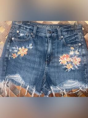 American Eagle Outfitters Mom Shorts Blue Denim Floral  Embroidery sz 0